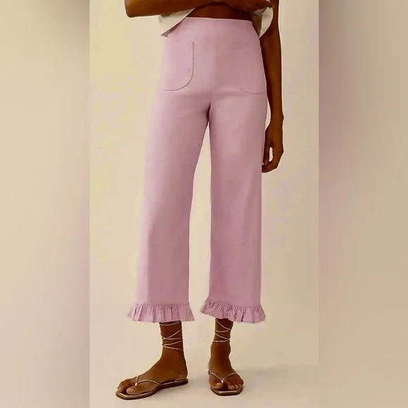 Anthropologie Maeve The Colette Magic Fabric Ruffle-Hem Crop Pants-Lilac Pink-29 - Picture 3 of 12